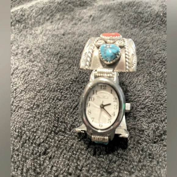 Vintage Navajo Turquoise & Coral Nugget Watchband Featuring New Watch - Picture 1 of 10